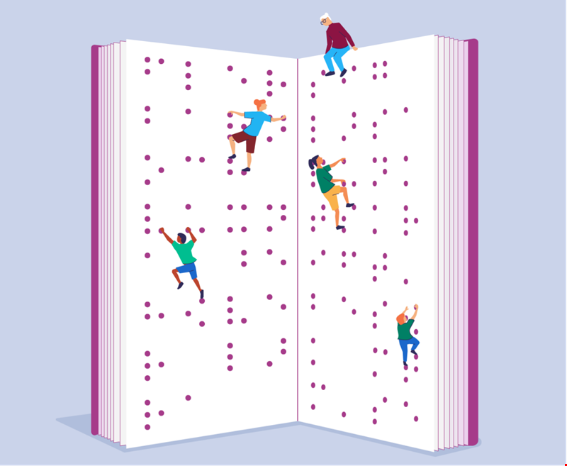 Uppslagen punktskriftsbok i form av klätterväggar med barn som klättrar på båda sidor 